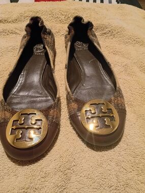 TORY BURCH Women's US 8.5M REVA WINTER Ballet Flats Striped Wool Leather CapToe